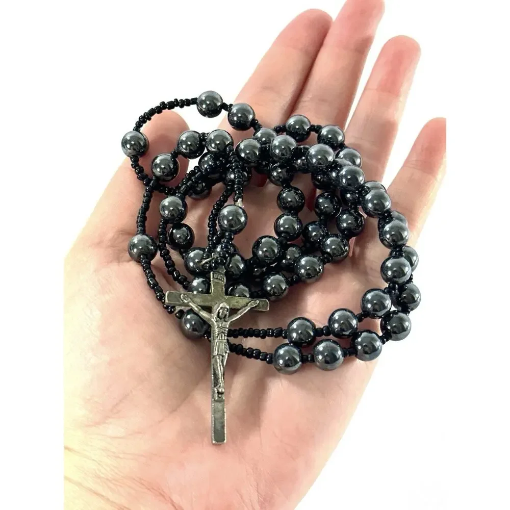 Vintage Catholic Hematite Rosary Black Hematite Beads Silver Tone Crucifix 20”